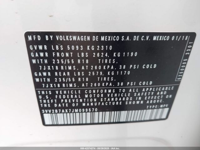3VV2B7AX7JM099570 Volkswagen Tiguan 2.0t Se/2.0t Sel