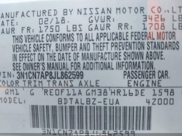 3N1CN7AP8JL862599 Nissan 2018