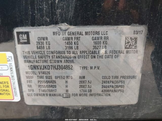1GNKVJKD7HJ304892 Chevrolet Traverse Premier
