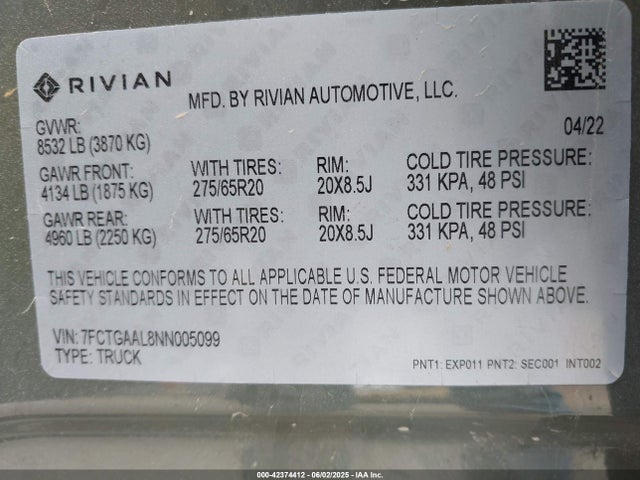 Rivian r1t 2022 7FCTGAAL8NN005099 Image 9