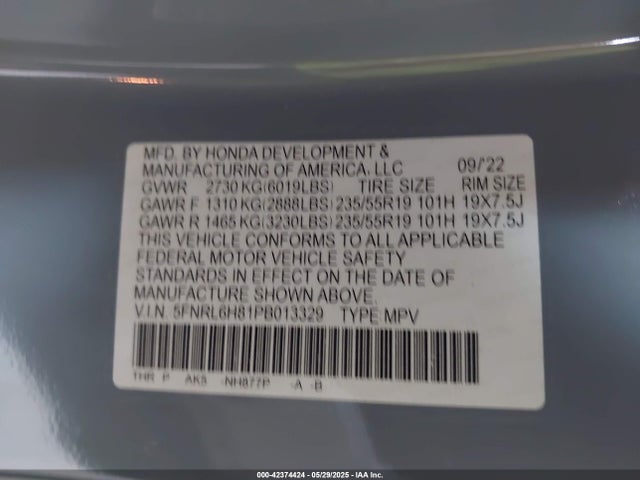 Honda j35y7 2023 5FNRL6H81PB013329 Image 9
