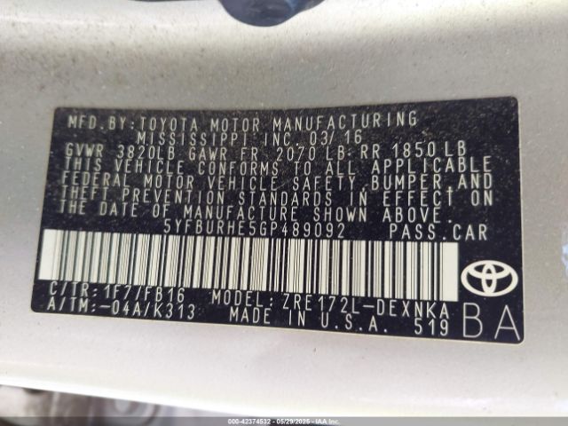 5YFBURHE5GP489092 Toyota Corolla Le Plus