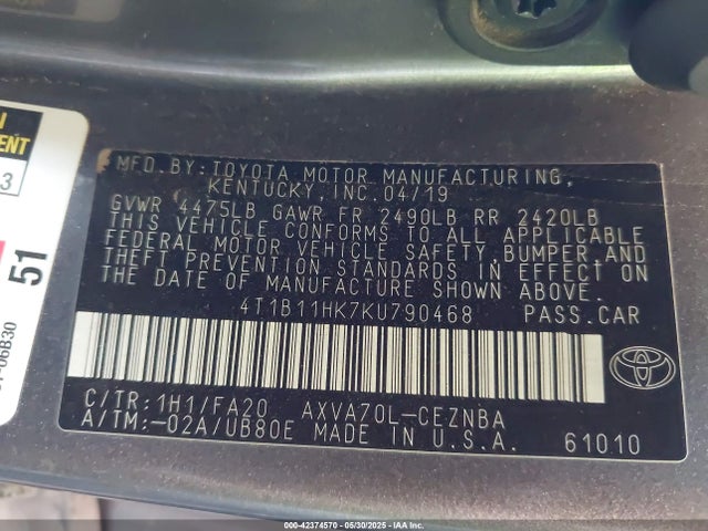 4T1B11HK7KU790468 Toyota CAMRY LE