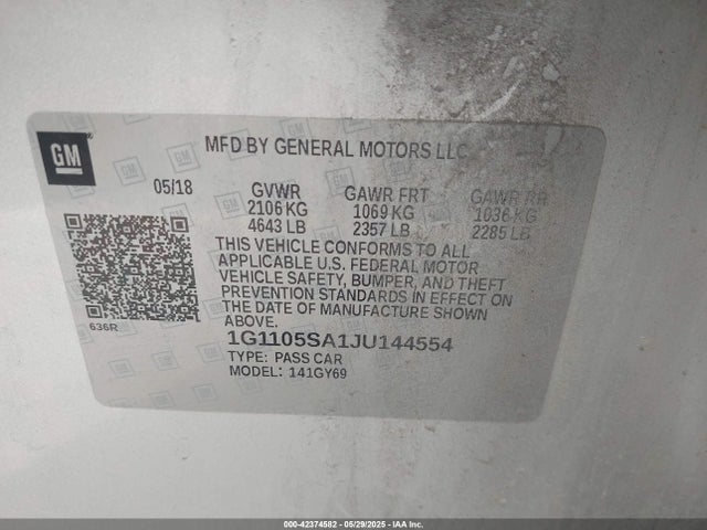 1G1105SA1JU144554 Chevrolet lcv - spark ignited direct injection, dcvcp, variable valve timing, e85 max, e0-e100, alum