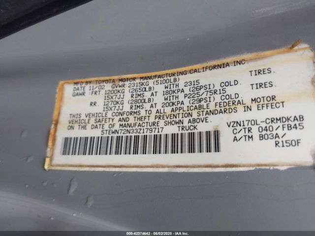 2003 TOYOTA TACOMA 5TEWN72N33Z179717 Photo 8