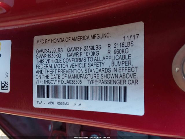 1HGCV1F1XJA038305 Honda l15be