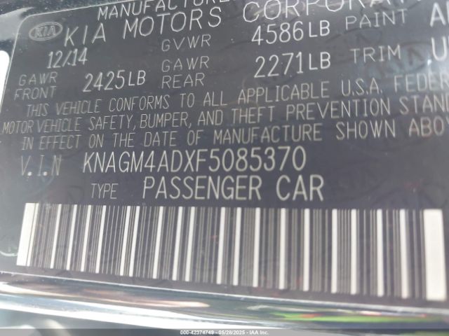 KNAGM4ADXF5085370 KIA OPTIMA HYBRID