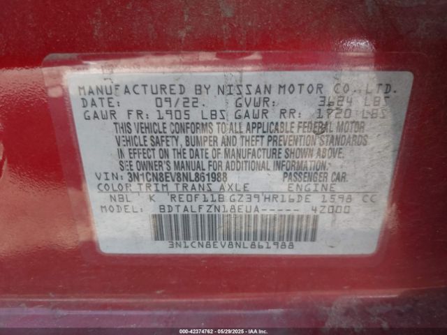 3N1CN8EV8NL861988 Nissan Versa
