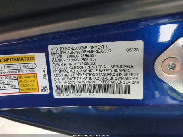 Honda lfc5 2023 1HGCY2F74PA068720 Image 9