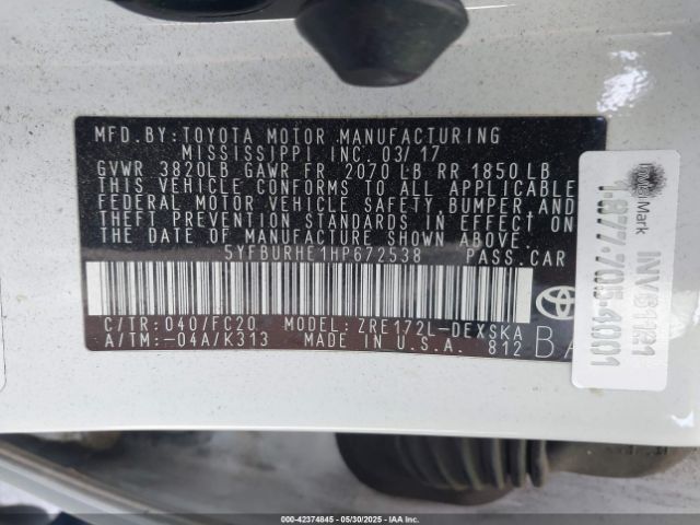 5YFBURHE1HP672538 Toyota 2zr-fe