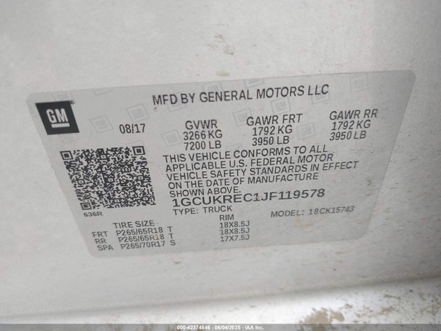 1GCUKREC1JF119578 Chevrolet l83 - sidi: spark ignited direct injection, vvt: variable valve timing, afm, e85 max, alum