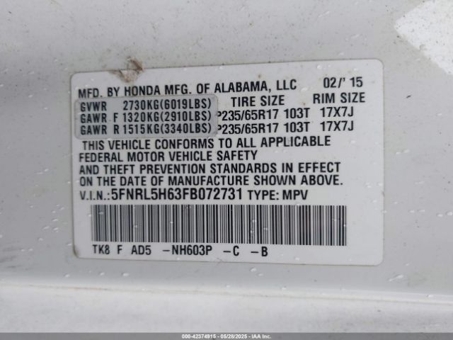 5FNRL5H63FB072731 Honda Odyssey Ex-l