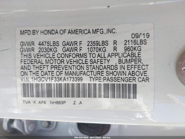 1HGCV1F33KA173399 Honda l15be