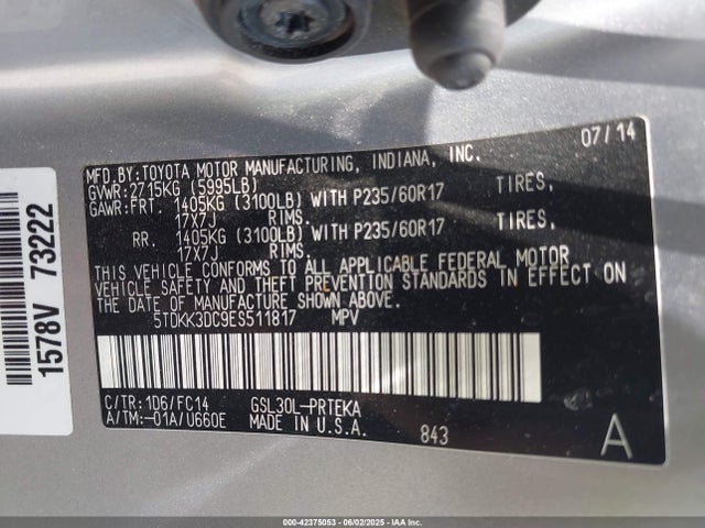 5TDKK3DC9ES511817 Toyota 2gr-fks
