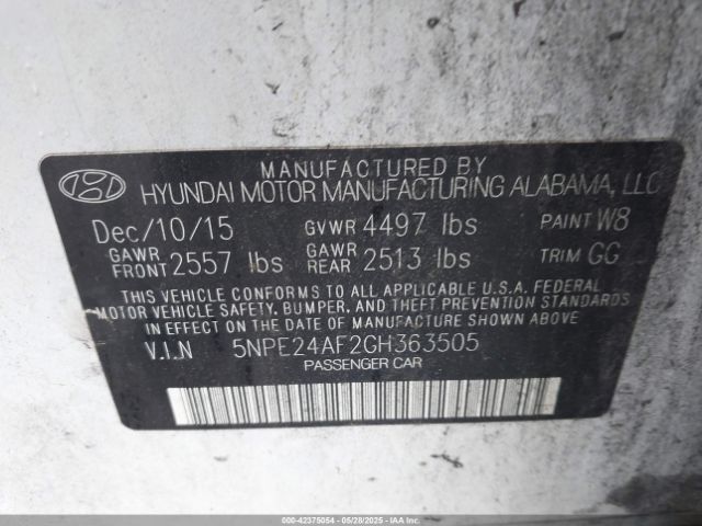 5NPE24AF2GH363505 Hyundai SONATA SE