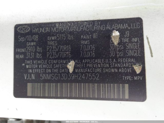 2009 HYUNDAI SANTA FE 5NMSG13D39H247552 Photo 8