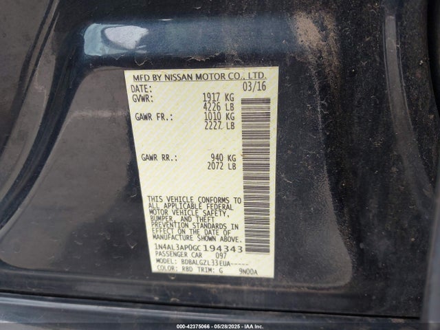 1N4AL3AP0GC194343 Nissan Altima 2.5/2.5 S/2.5 Sl/2.5 Sr/2.5 Sv