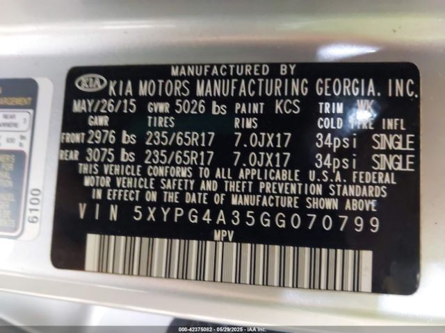 2016 KIA SORENTO 5XYPG4A35GG070799 Photo 8