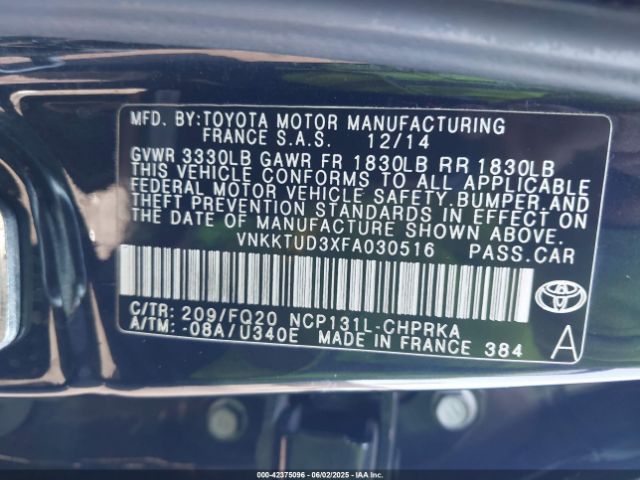 VNKKTUD3XFA030516 Toyota YARIS L