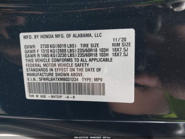 2021 HONDA ODYSSEY 5FNRL6H7XMB031234 Photo 8