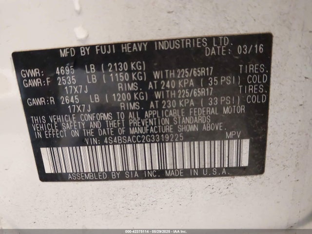 Subaru 2.5l u5 2016 4S4BSACC2G3319225 Image 9