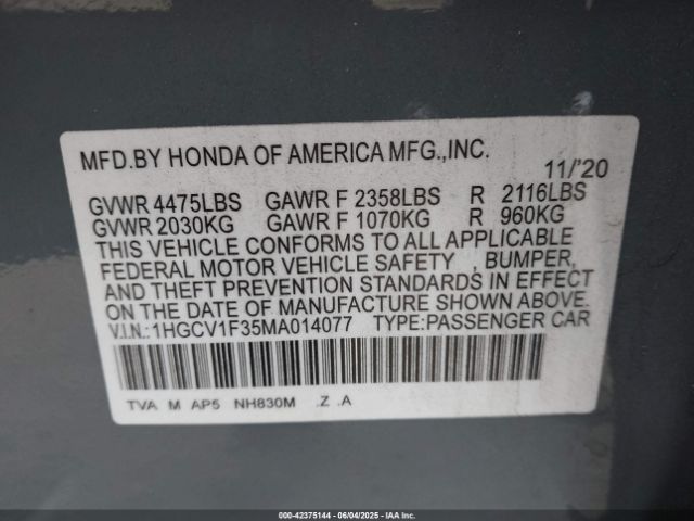 1HGCV1F35MA014077 Honda Accord Sport