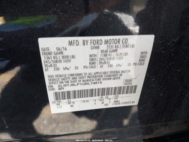 2LMTJ6LP1GBL74874 Lincoln Mkx Reserve