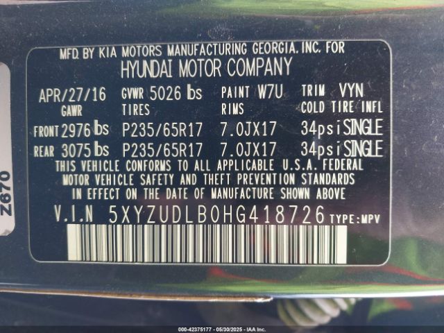 5XYZUDLB0HG418726 Hyundai Santa Fe Sport 2.4l