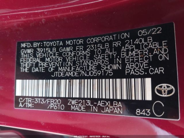 JTDEAMDE7NJ059175 Toyota 2zr-fxe, 1nm