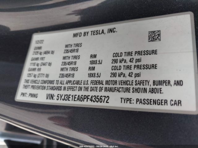 5YJ3E1EA6PF435672 Tesla Model 3 Rear-wheel Drive