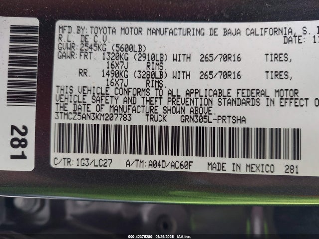 3TMCZ5AN3KM207783 Toyota 2gr-fks