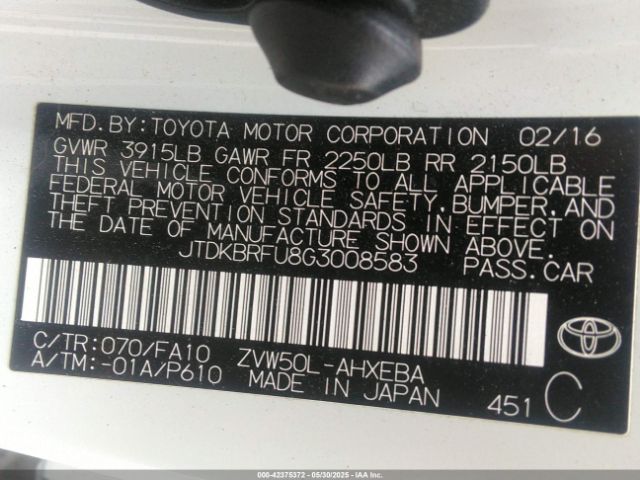 JTDKBRFU8G3008583 Toyota Prius Two