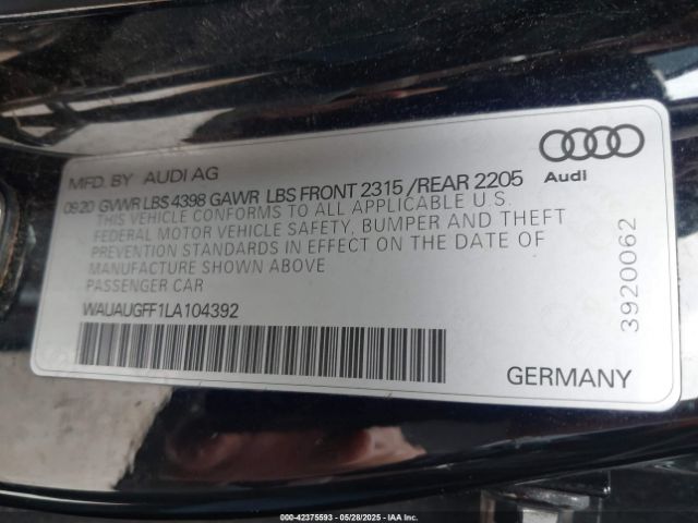2020 AUDI A3 WAUAUGFF1LA104392 Photo 8