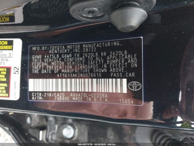 2022 TOYOTA CAMRY 4T1G11AK2NU076610 Photo 8