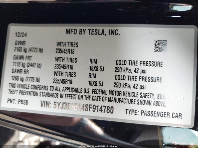 2025 TESLA MODEL 3 5YJ3E1EA4SF914780 Photo 8