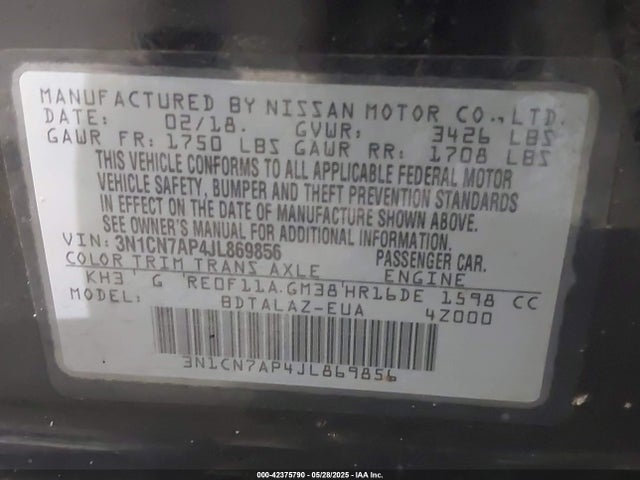 3N1CN7AP4JL869856 Nissan Versa 1.6 S+