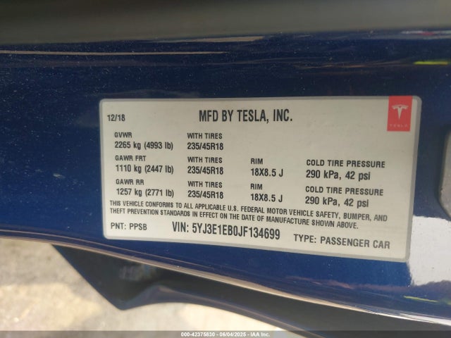 2018 TESLA MODEL 3 5YJ3E1EB0JF134699 Photo 8