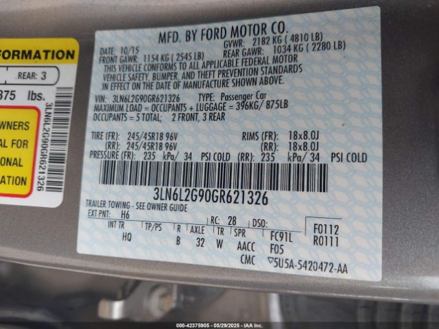 3LN6L2G90GR621326 Lincoln MKZ