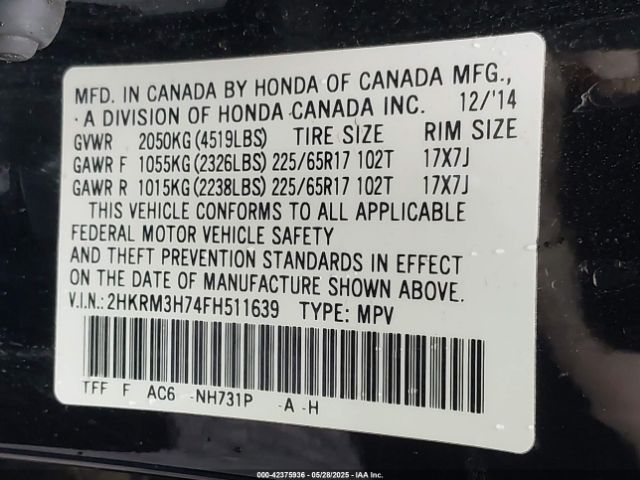 2HKRM3H74FH511639 Honda Cr-v Ex-l
