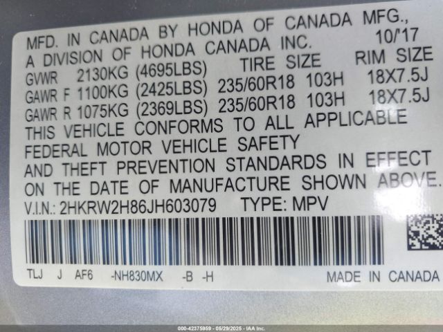 2HKRW2H86JH603079 Honda Cr-v Ex-l/ex-l Navi