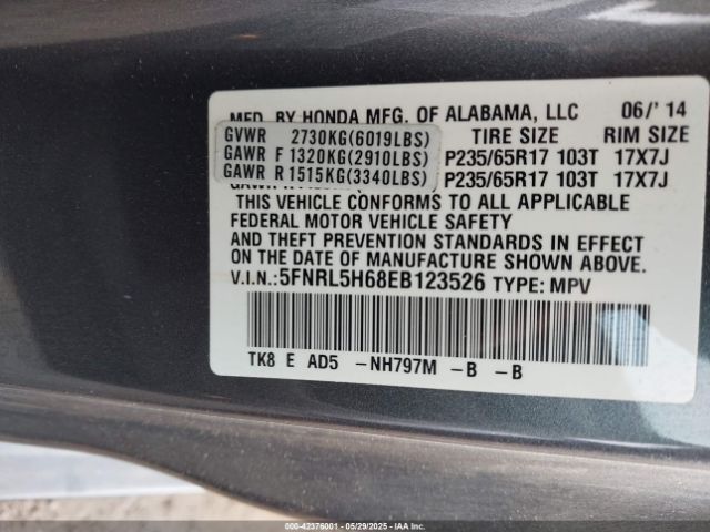5FNRL5H68EB123526 Honda Odyssey Ex-l