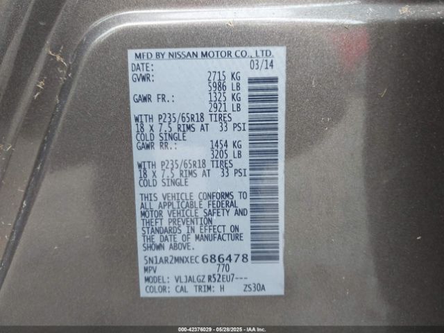 5N1AR2MNXEC686478 Nissan Pathfinder Sl