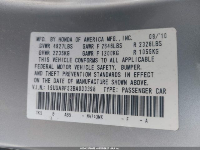 2011 ACURA TL 19UUA9F53BA000398 Photo 8