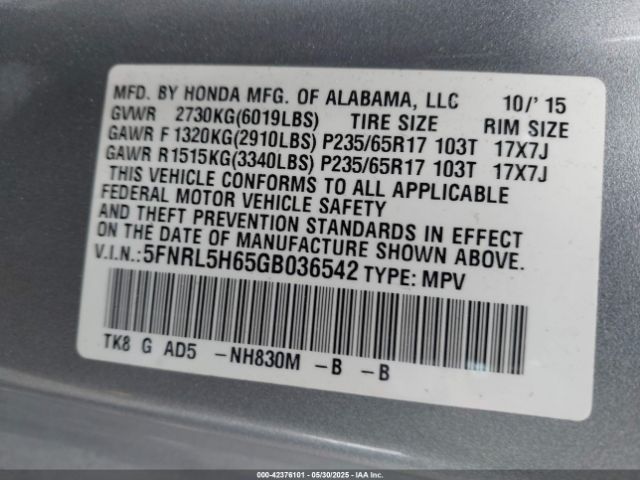 5FNRL5H65GB036542 Honda Odyssey Ex-l