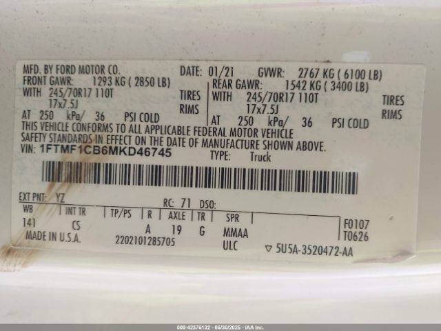 2021 FORD F-150 1FTMF1CB6MKD46745 Photo 8