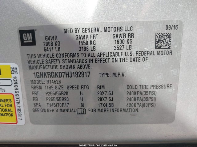 Chevrolet Traverse 1lt 2017 1GNKRGKD7HJ182817 Image 9