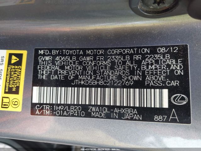 2012 LEXUS CT 200H JTHKD5BH8C2122769 Photo 8