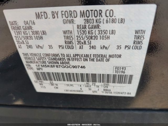1FM5K8F87GGC90746 Ford Explorer Limited