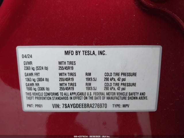 2024 TESLA MODEL Y 7SAYGDEE8RA276970 Photo 8