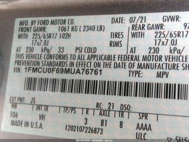 2021 FORD ESCAPE 1FMCU0F69MUA76761 Photo 8
